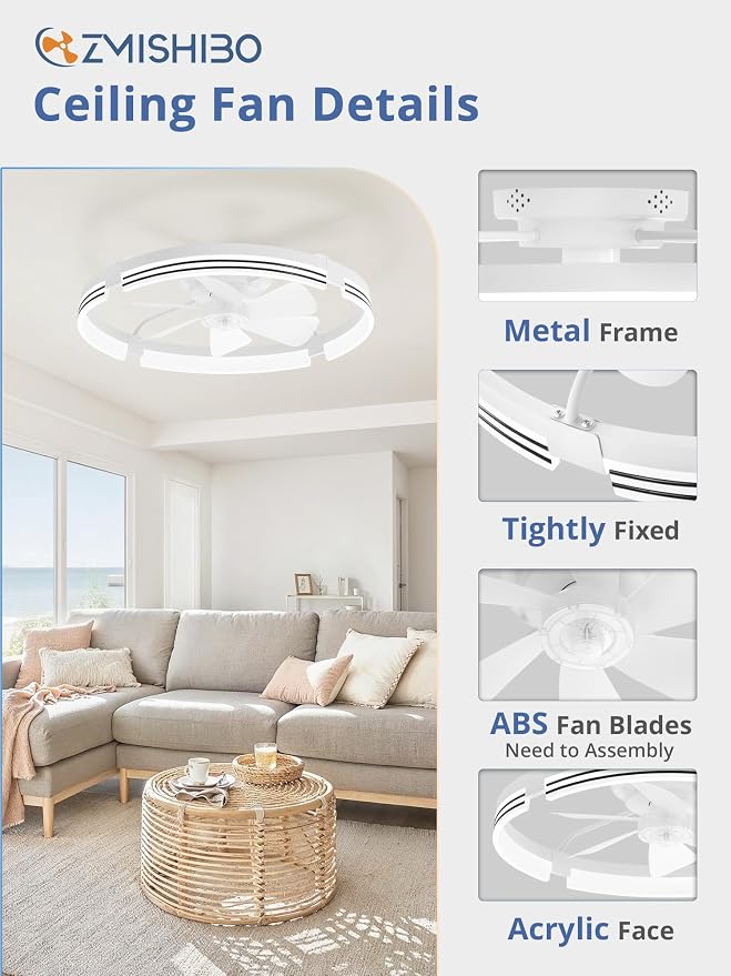 ZMISHIBO 24 Inch Low Profile Ceiling Fans with Lights and Remote, 3000K-6000K Dimmable Fandelier LED Fan Light, Flush Mount Ceiling Fan with Light, 6 Wind Speeds Ceiling Fans for Bedroom- White