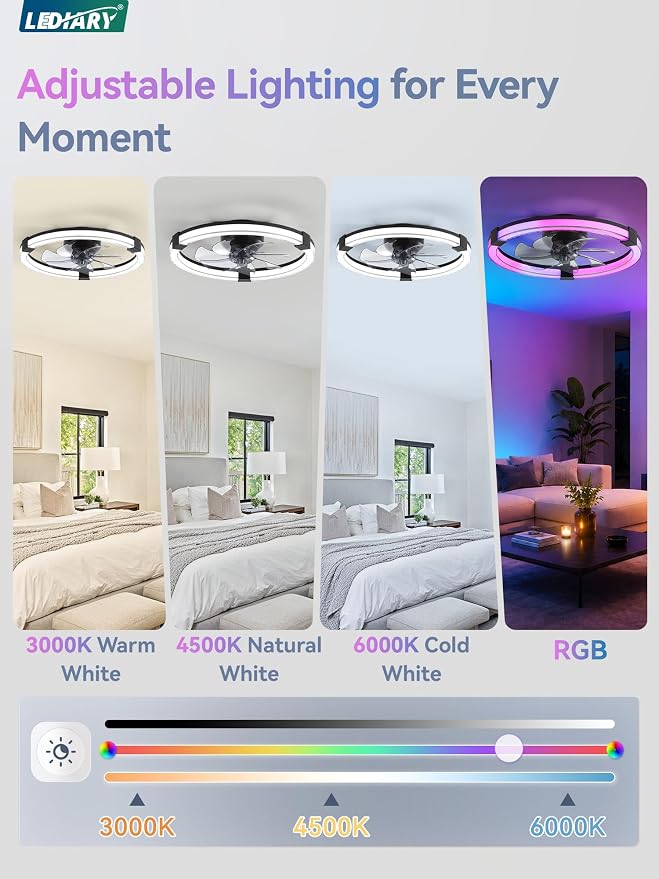 LEDIARY Ceiling Fan with Light,20inch Low Profile Fandelier with Remote RGB | Black RGB,6 Speeds, Reversible DC Motor, Dimmable Flush Mount Fan Light, Modern fans for Bedroom
