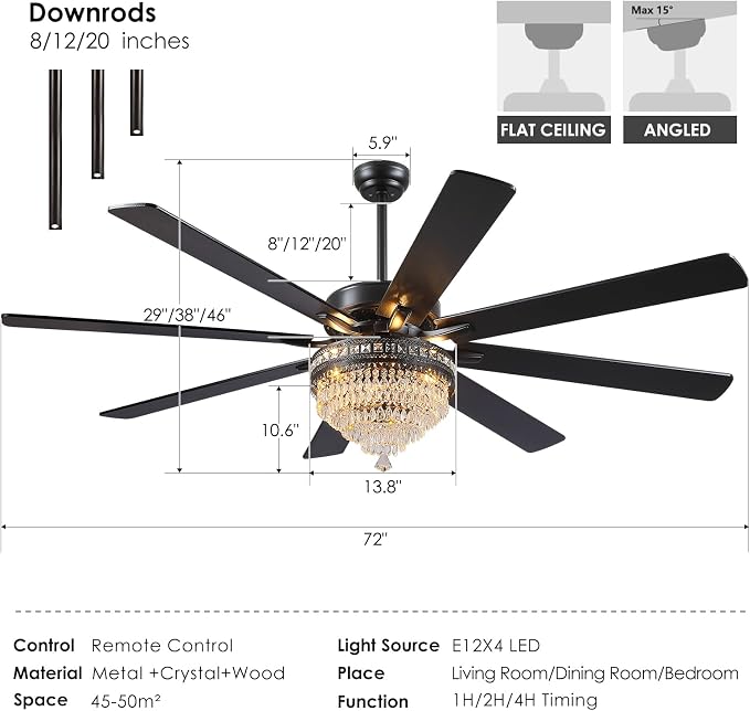 72 Inch Black Large Crystal Chandelier Ceiling Fans with Lights and Remote | Supports Remote and APP,6 Reversible Wind Speeds,60W Quiet AC Motor,8 Wooden Blades,4*E12 LED Bulbs Included,for Living Room