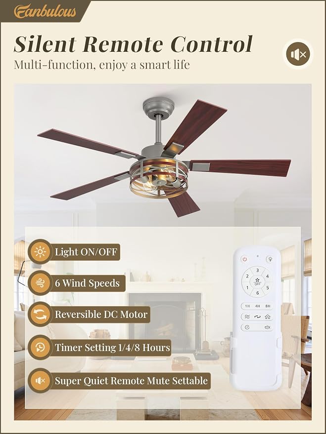 Fanbulous Farmhouse Ceiling Fans with Light, 48 Inch Bedroom Ceiling Fan with Lights, 6-Speed Adjustable, Quiet and Reversible DC Motor, 5 Dual Finish Blades, Rustic Caged Ceiling Fan，Brushed Nickel