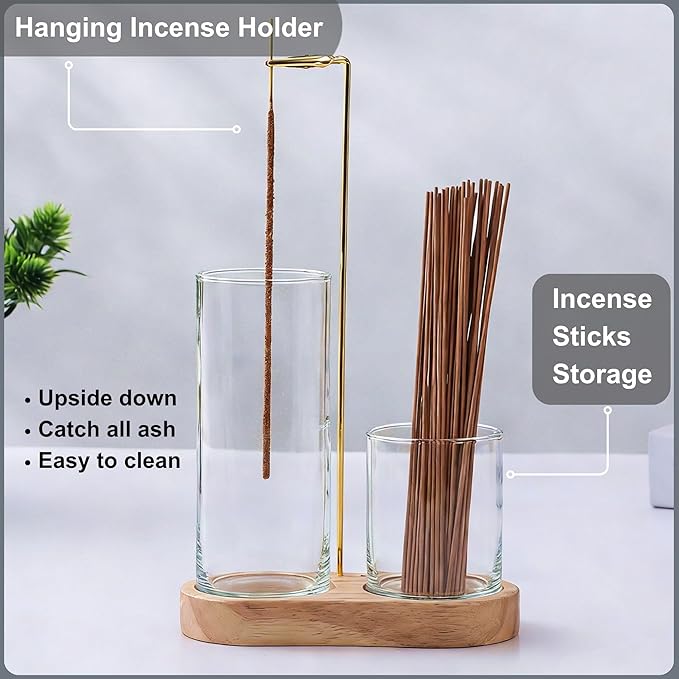 3 in 1 Incense Holder for Burning Insence-Stick & Palo Santo & Sage Sticks, Hanging Upside Down Incense Stick Burner with Glass Ash Catcher & Storage, Upside Down Palo Santo Sage Burner