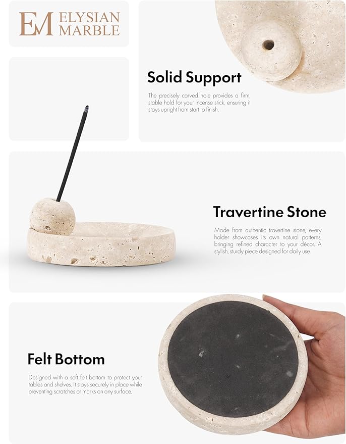 Incense Holder for Sticks, Natural Marble Incense Burner Ash Catcher Plate for Palo Santo, Sage, Meditation, Yoga and Home Decor - Travertine