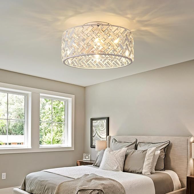 18 Inch Caged Ceiling Fan with Light and Remote, Painted White Flush Mount Fandelier Ceiling Fan with Remote & App Control, Quiet DC Motor Low Profile Crystal Ceiling Fan for Bedroom, Kitchen