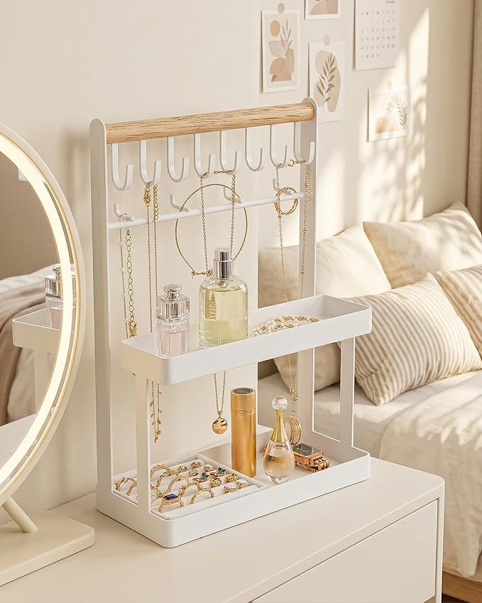 4-Tier Jewelry Organizer Stand with 12 Hooks & Velvet Ring Tray, Necklace Holder, Tangle-Free Jewelry Display for Bracelets Rings, Room Dorm Decor for Dresser Vanity, Gift for Teen Girls, White