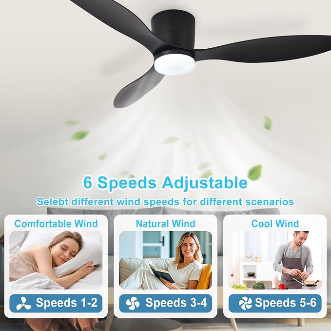 Depuley Flush Mount Ceiling Fan: 52-Inch Black Ceiling Fans with Lights for Bedroom Indoor Outdoor - Low Profile Ceiling Fans with Remote Control 24W 3CCT Dimmable 3 Reversible Black Blades 6 Speeds