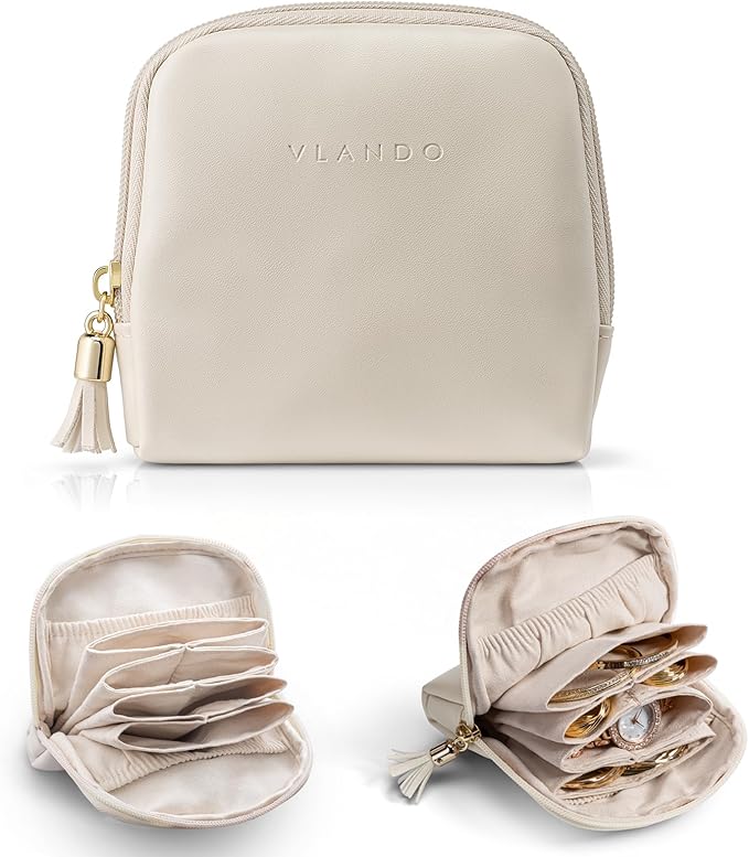 VLANDO Small Travel Jewelry Case,Gifts for Women,Jewelry Pouch Bags with Zipper,Velvet Jewelry Organizer Storage Bag for Bracelet Rings Earring-Cream White