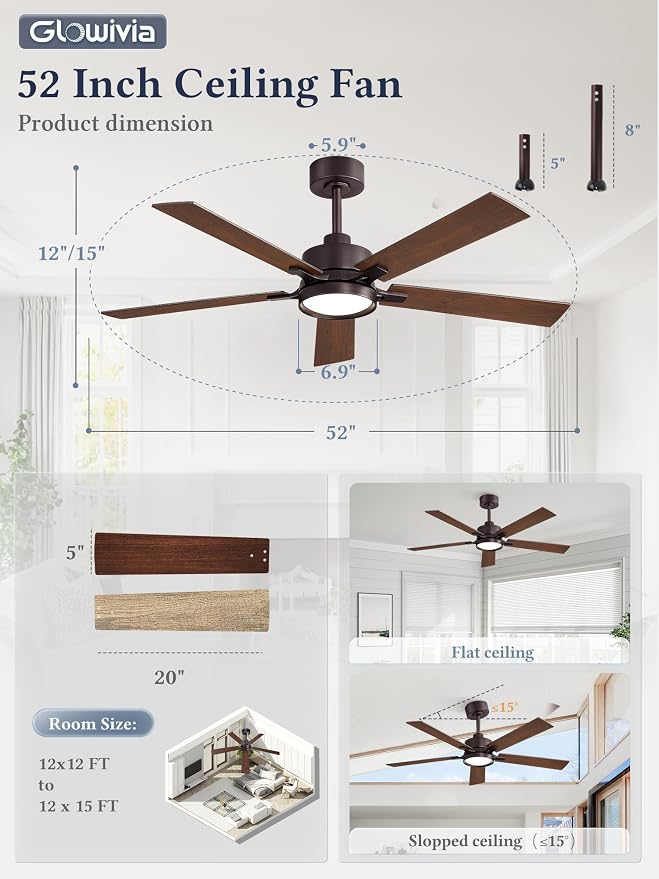 52 Inch Ceiling Fan with Lights and Remote, Smart APP Control, Dimmable with All-Setting Memory, Quiet DC Motor Reversible Blades, Damp Rated Modern Ceiling Fan for Bedroom Patio Living Room