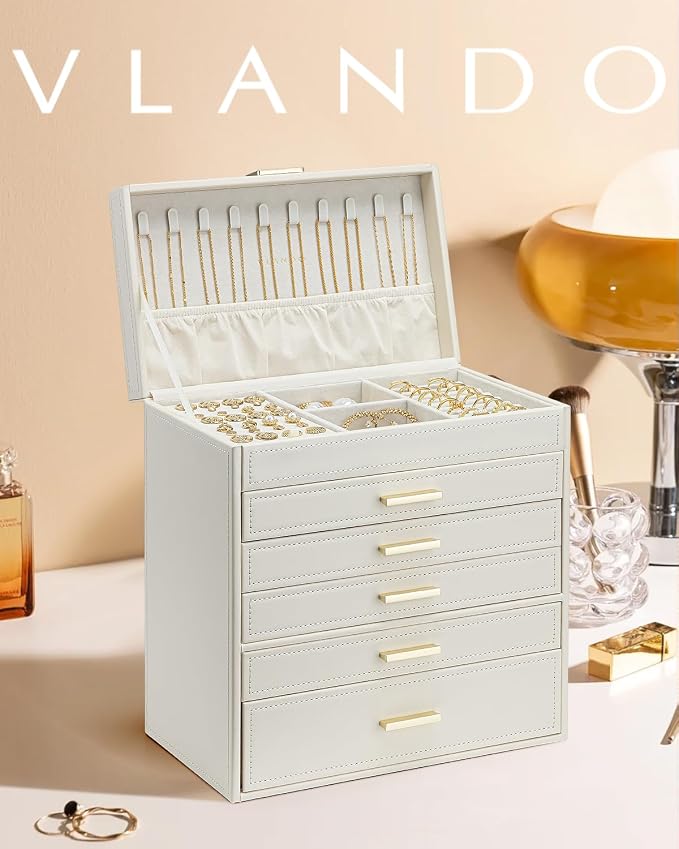 VLANDO 6 Layer Large Jewelry Box - Jewelry Holder Organizer, Jewelry Box Organizer for Drawer Necklace Ring Bracelet and Watch, Birthday Gift for Loved Ones - Beige