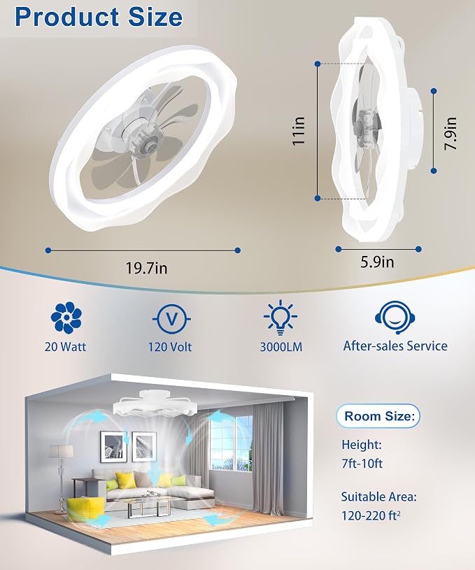 Ceiling Fans with Lights and Remote, 20'' Low Profile Ceiling Fan, 3000K-6500K Dimmable LED Fan Light APP Control, 6 Wind Speeds White Modern Fandelier Flush Mount Ceiling Fans for Bedroom Kids Room