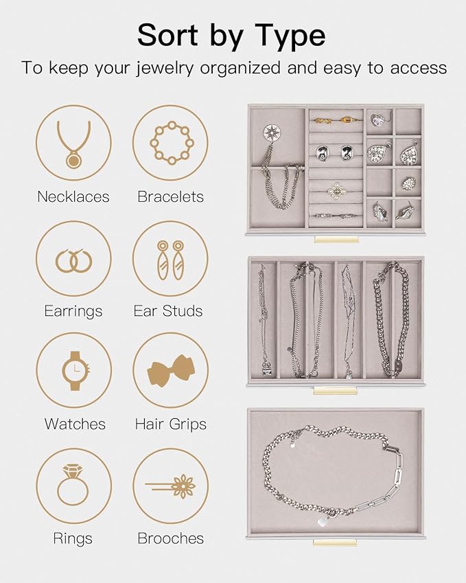 VLANDO Jewelry Box for Women, Glass Lid Jewelry Organizer with 3 Drawers for Necklaces Rings Earrings Bracelets - Grey