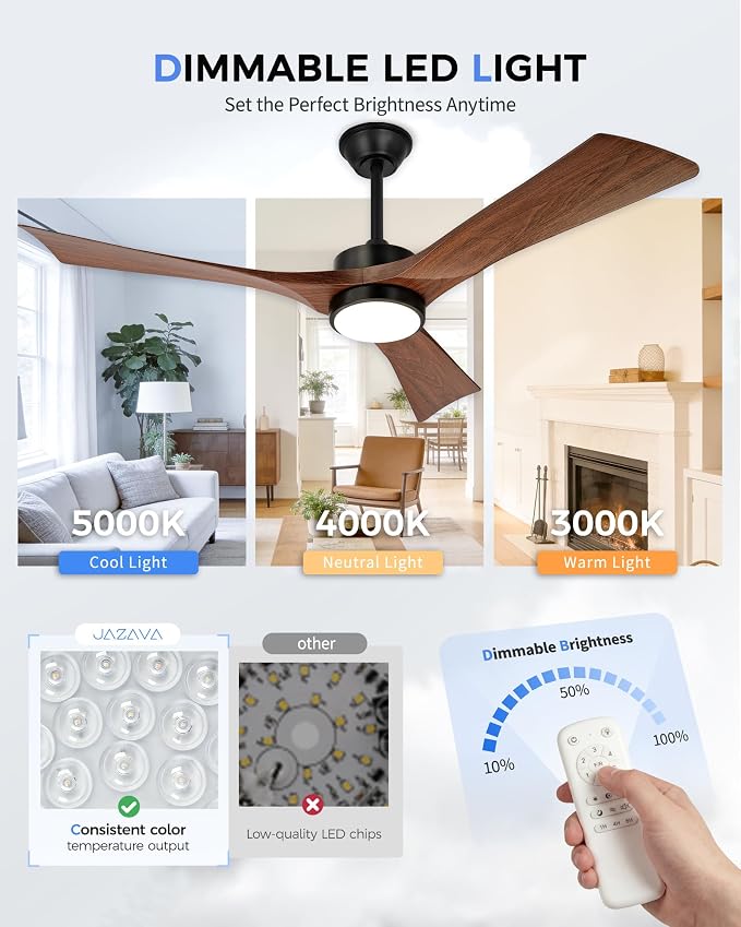 52" Ceiling Fan with Light & Remote, Walnut, ZCCF08WD-52 | Wood-grain ABS blades, remote, 6 speeds, 3CCT dimmable LED and quiet reversible DC motor for living rooms and covered patios