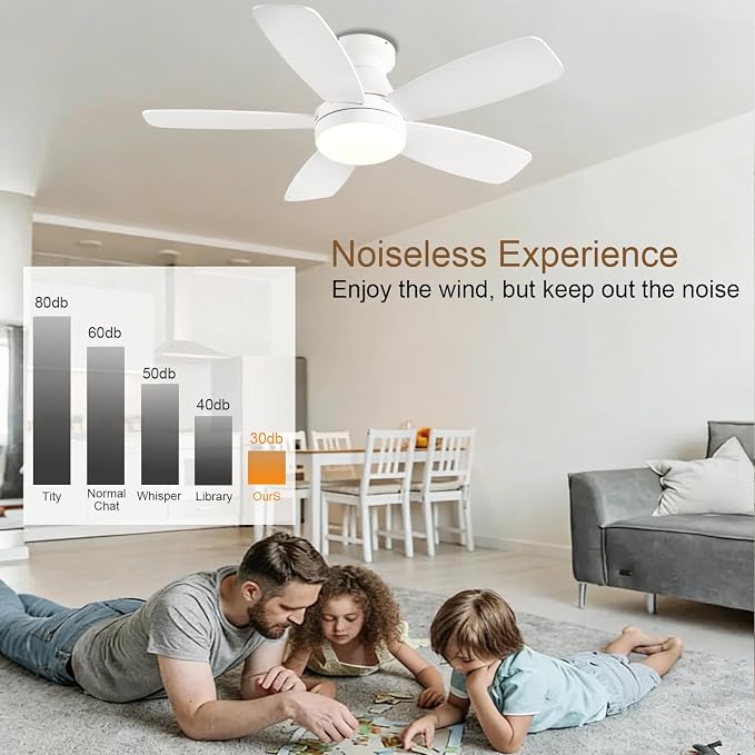 FUMLTP 42inch Flush Mount Ceiling Fans with Lights and Remote/APP Control, Dimmable LED, Reversible DC Motor, Noiseless, Low Profile White Ceiling Fan for Livingroom, Indoor/Outdoor Use