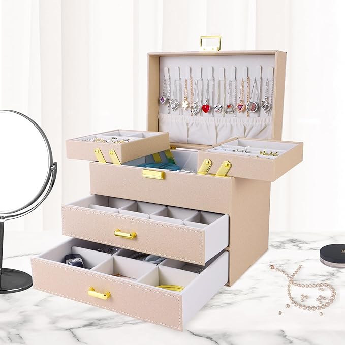 Dajasan Jewelry Organizer Box, Large Jewelry Boxes for Women Girls, Space-Saving 4 Layers Jewelry Storage Case with Drawer, Movable Metal Stand, Modern, Gift Idea (Champagne + Gold)