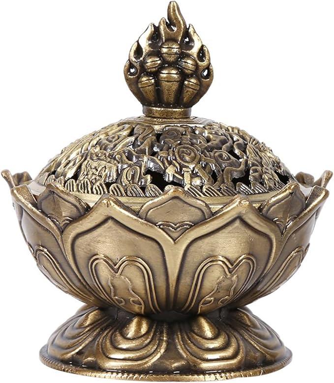 Vintage Backflow Smoke Incense Incense Holder Metal Incense Cone Holder Lotus Bowl Zinc Alloy for Home Office Ornament (Bronze)