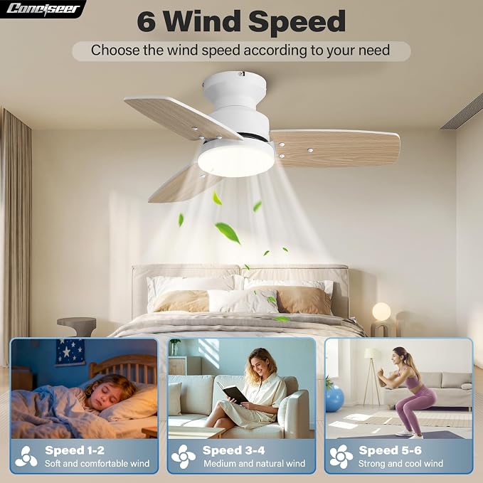 Conciseer 30 Inch Ceiling Fans with Lights and Remote, Bedroom Living Room Office, Flush Mount, 6CCT Dimmable, Dual Color 3 Blades, 6 Speed Reversible Quiet DC Motor, White/Wood Grain, 2 Pack