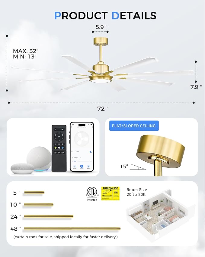 72 Inch White & Gold Ceiling Fan,Smart Ceiling Fan with Voice Control,Large Ceiling Fan With 8 Aluminium Metal Blades,CF04BGW-72