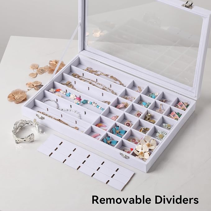 Frebeauty 48 Grid Earring Organizer,Velvet Jewelry Tray with Clear Lid | Drawer Jewelry Organizer for Rings Studs Beads,Adjustable Dividers,Dustproof,Earring Storage,Trinket Box,13.8×9.5Inches
