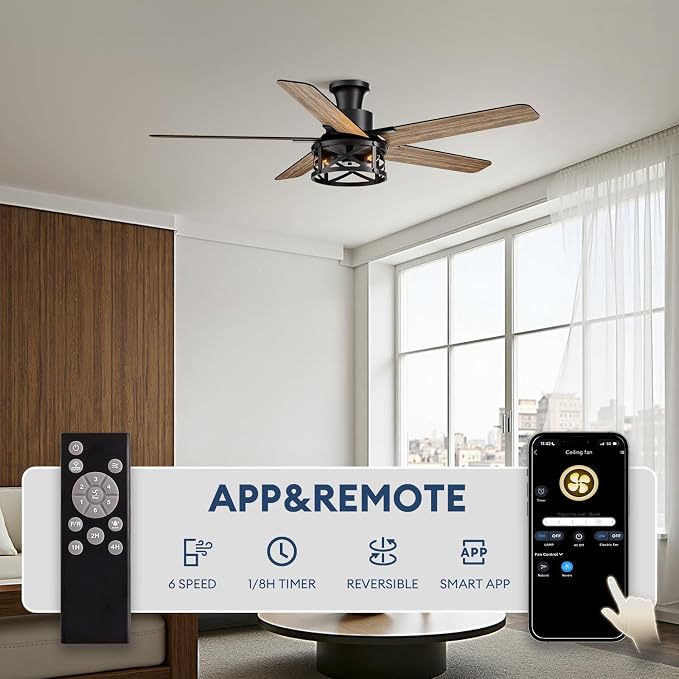 52 Inch Flush Mount Ceiling Fans with Lights and Remote Control, Low Profile Farmhouse Ceiling Fan for Bedroom Living Room and Patio, Black Caged Ceiling Fan for Indoor and Outdoor（NO BULBS）