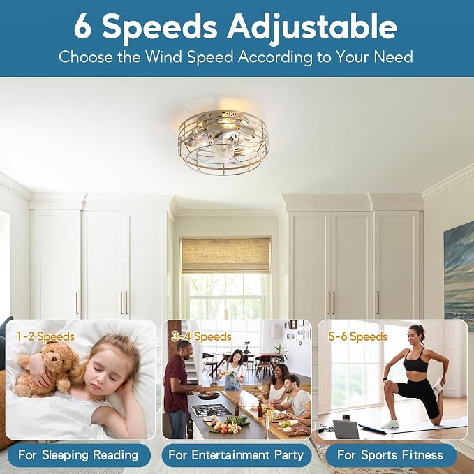 Caged Ceiling Fan with Light and Remote, Flush Mount Fan Lights Ceiling Fixture, Modern Bladeless 12 in 6 Speeds Fans with Lights for Kitchen, Bedroom, Living Room, Brushed Nickel