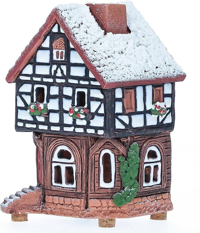 Ceramic Houses and Villages Collection - Handmade Collectible Miniature of Historic House in Lauterbach Germany - Cone Incense Holder, Winter Edition Incense Burner S19-6