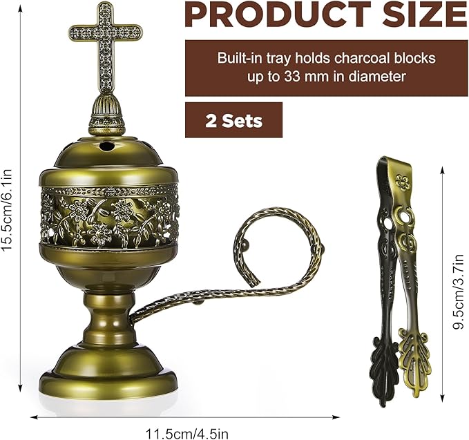 Zonon 2 Sets Incense Burner with Tong, Frankincense Charcoal Incense Stand Holder, Ideal for Yoga, Spa, Aromatherapy, Home and Christian Church Censer (Bronze,Classic)