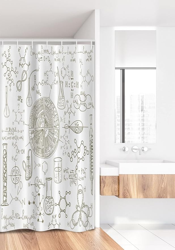 Ambesonne Science Stall Shower Curtain, Science Theme Hand Drawn Style Chemistry Laboratory Illustration, Fabric Bathroom Decor Set with Hooks, 36" W x 72" L, White Umber