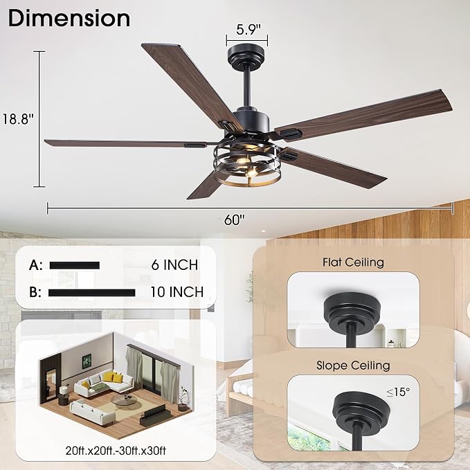 60" Farmhouse Ceiling Fans with Lights, Large Ceiling Fan with Remote for Living Room,5 Dual Finish Blades, 6 Speeds Adjustable & Reversible DC Motor, Rustic Ceiling Fan for Living Room & Bedroom