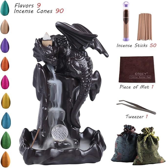 OTOFY Handmade Backflow Incense Burner Waterfall Incense Holder with 90 Incense Cones + 50 Incense Sticks Sets, Aromatherapy Ornament Home Decor Gift Decorations Statue(Black Brown led Dragon)