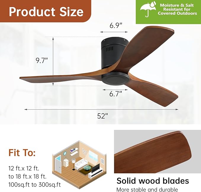 Sofucor 52 Inch Low Profile Ceiling Fans No Light, Modern Flush Mount Solid Wood Ceiling Fan with Airflow 5000CFM, Quiet DC Motor, 6 Speeds, Timer & Reversible for Bedroom Living Room, ETL, Walnut