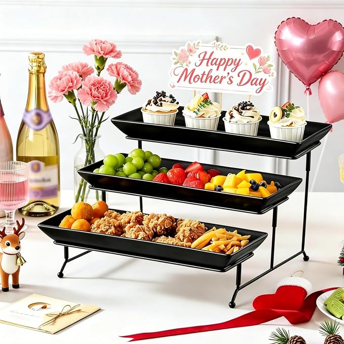 MALACASA 3 Tier Serving Trays for Party, Stoneware Serving Platters and Trays, 14 Inch Tiered Tray Stand, Fruit Tray, Trays for Serving Food, Black Dessert Stand with Collapsible Sturdier Metal Rack | Tiered Cupcake Stand for Party, Fruit Tray, Trays f...
