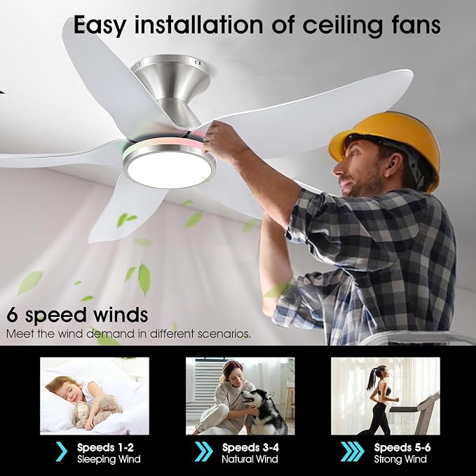 46" Ceiling Fans with Lights Remote/APP Control, Low Profile Ceiling Fans with Dimmable White Colors+Ring RGB Lights, 6 Speeds 5 Reversible Curved Blades for Kids Room Bedroom Living Room Bar, Nickel