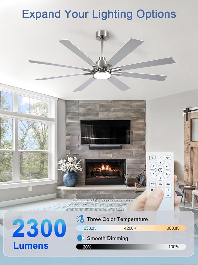 62 Inch Ceiling Fans with Lights and Remote, Pure Copper DC Motor Brushed Nickel Large Indoor/Outdoor Modern Industrial Ceiling Fan, Quiet, 6 Speed, 3CCT, for Patios Living Room Farmhouse Garage