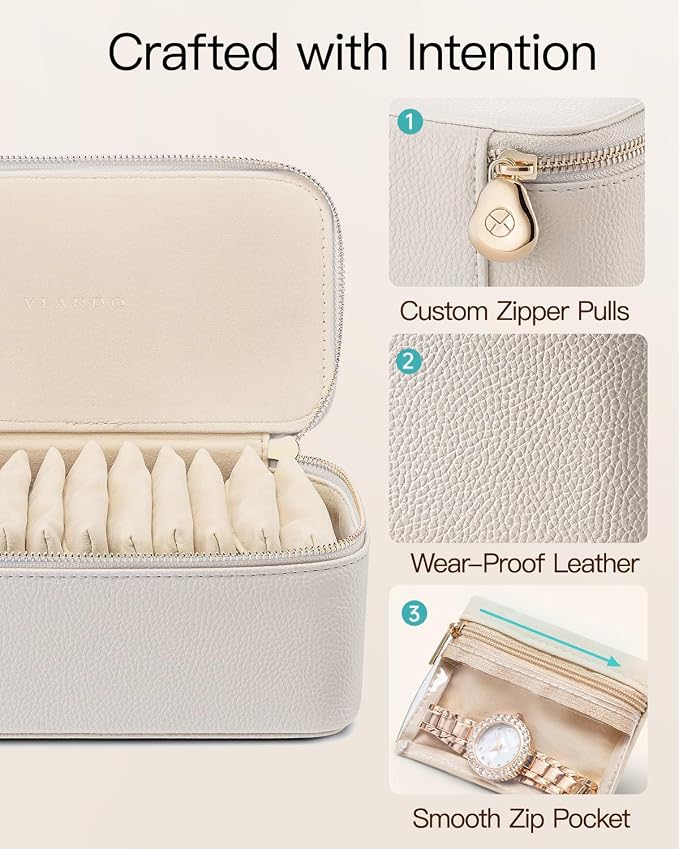 VLANDO Travel Jewelry Case,Jewelry Box with 12 Velvet Jewelry Pouch Jewelry Travel Organizer for Women Girl Jewelry Case Necklace Rings Earrings Bags Wedding Gifts (White)