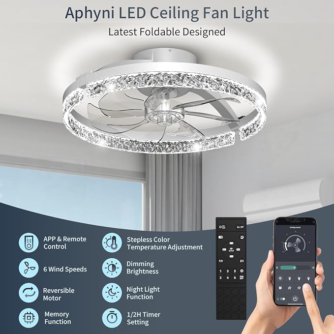Ceiling Fans with Lights and Remote, 20" Low Profile Flush Mount Ceiling Fan, 3000-6500K Dimmable LED Fandelier, 6 Quiet Speeds for Bedroom