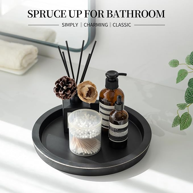 Hanobe Round Wood Candle Holder Tray, Black Coffee Table Centerpiece Decor | Rustic Decorative Candlestick Plates for Kitchen Counter, Farmhouse Living Room Decor