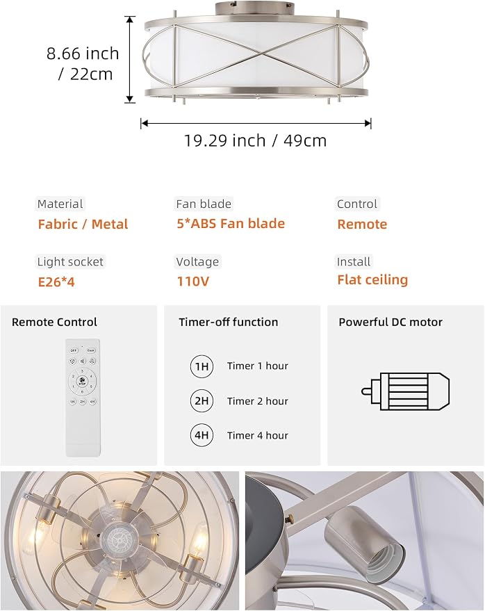 Silver Flush Mount Boho Ceiling Fan with Lights, 20" Caged Rattan Ceiling Fans with Light and Remote, Enclosed with 6 Speeds for Living Room, Bedroom, Nursery
