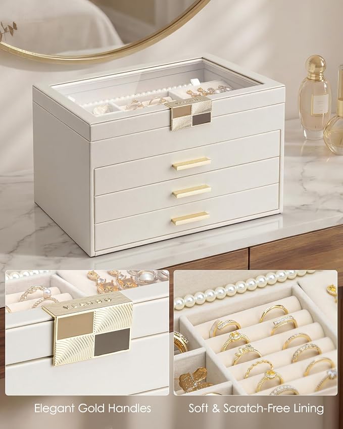 VLANDO Jewelry Box Organizer for Women, 4-Layer Jewelry Storage Case with Glass Lid, Gold Handle, 3 Drawers for Rings, Earrings, Necklaces and Bracelets - Cloud White