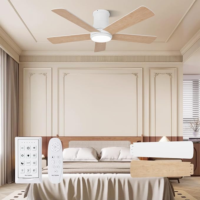42 Inch Low Profile Ceiling Fan with Light, White Ceiling Fans with Lights and Remote, Flush Mount, 6 Speeds Reversible Quiet DC, 3CCT Dimmable, Indoor Outdoor Ceiling Fans for Patios Bedroom