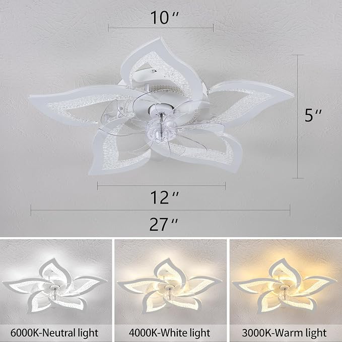 27" White Geometric Ceiling Fan with Light Remote Control, 3 Light Color 6 Speeds Flush Mount Low Profile Ceiling Fan with Light for Bedroom Kitchen