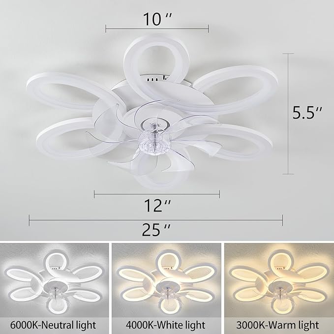 Ceiling Fans with Lights and Remote, 25 Inch Modern Low Profile Flush Mount Ceiling Fan, Dimmable LED Ceiling Light Fixture, Small Ceiling Fans for Bedroom, Kitchen, Indoor-White