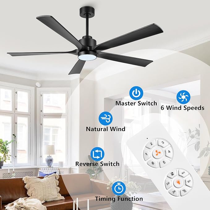ELEHINSER 52" Modern Ceiling Fan with Light and Remote Control, 5 Solid Wood Blades 6-Speed Noiseless Reversible DC Motor, Ceiling Fan for Bedroom Dinning Living Room, Black
