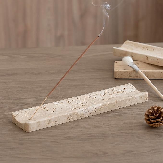 Marble Incense Holder Burner-Natural Stone Stick Incense Tray with Ash Catcher，20 Sticks & Brush - Elegant Decor for Meditation, Yoga, Home,Gift(Beige Travertine)