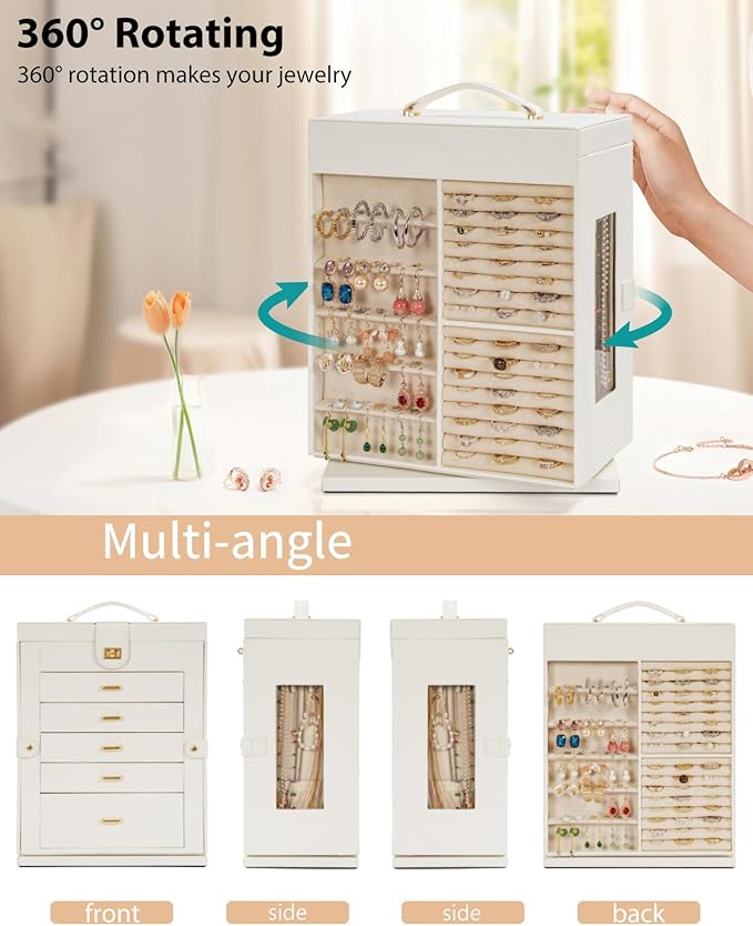 AKOZLIN 6-Tier Jewelry Box Organizer Functional 5 Drawers Leather Jewelry Storage Case for Women Girls Ring Necklace Earring Bracelet Holder Organizer with Mirror XL White 360° Rotating