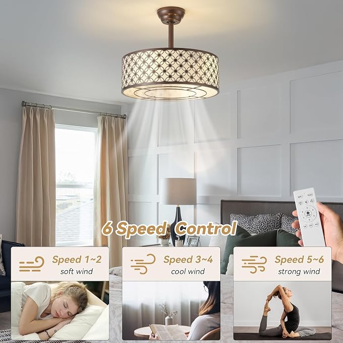Brown Fandelier Ceiling Fan with Light, 20" Caged Brown Chandelier Ceiling Fans with Lights Remote Control, Fabric Mid-Century Modern with 6 Speeds for Bedroom, Nursery, Living Room.