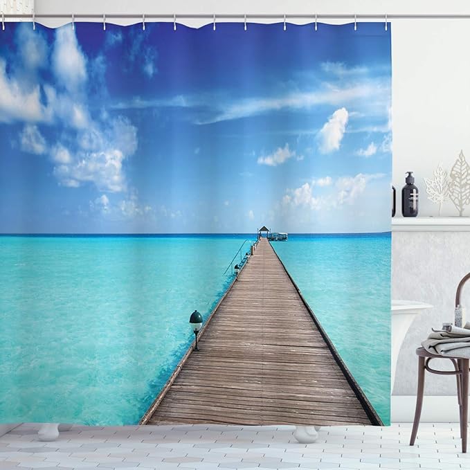 Ambesonne Tropical Shower Curtain, Wooden Jetty Over Clear Maldivian Sea Tropical Beach Vacation Travel Image, Cloth Fabric Bathroom Decor Set with Hooks, 69" W x 75" L, Aqua Blue Umber