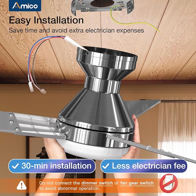 Amico Ceiling Fans with Lights, 52 inch Low Profile Ceiling fan with Light and Remote Control, Flush Mount, Reversible, 3CCT, Dimmable, Noiseless, Nickel Ceiling Fan for Bedroom, Indoor/Outdoor Use