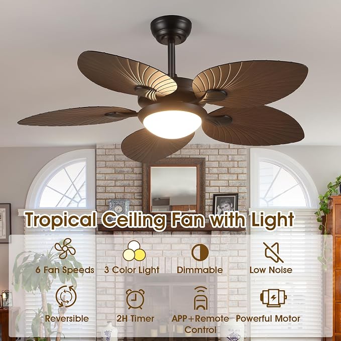 Wiviniya Tropical Ceiling Fans with Lights, 44 Inch Palm Leaf Outdoor Ceiling Fan with Light for Patios Porch Bedroom, Remote/APP Control, Reversible Quiet DC Motor, Dimmable LED, Dark Brown