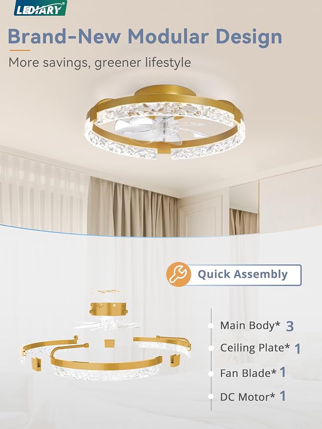 LEDIARY 20 Inch Low Profile Ceiling Fans with Lights and Remote, Fandelier Ceiling Fan Flush Mount, 3000K-6000K Dimmable LED Fan Light, Gold Modern Ceiling Fans with Lights for Bedroom