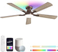ZMISHIBO 52 Inch Ceiling Fan with RGB Lights, Low Profile Flush Mount with Alexa/App/Remote, Dimmable 20W LED Light, Brown Farmhouse for Living Room, Bedroom, Game Room