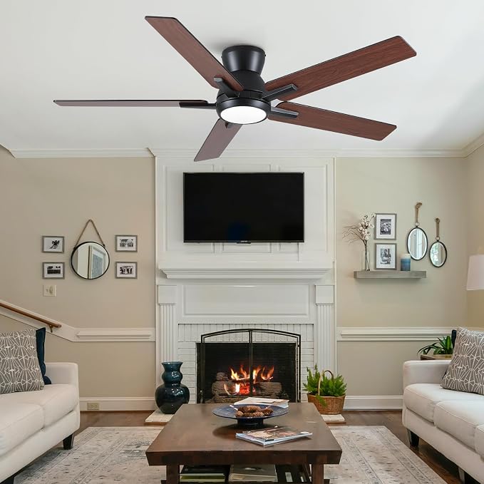 Sevenine 52'' Balck Flush Mount Ceiling Fan with Light & Remote, ETL Listed | 6 Speed, Quiet DC Motor, 3-Level Timer Function, 3 Color Temperature, Forward/Reserve For all Seasons, Indoor/Covered Outdoor